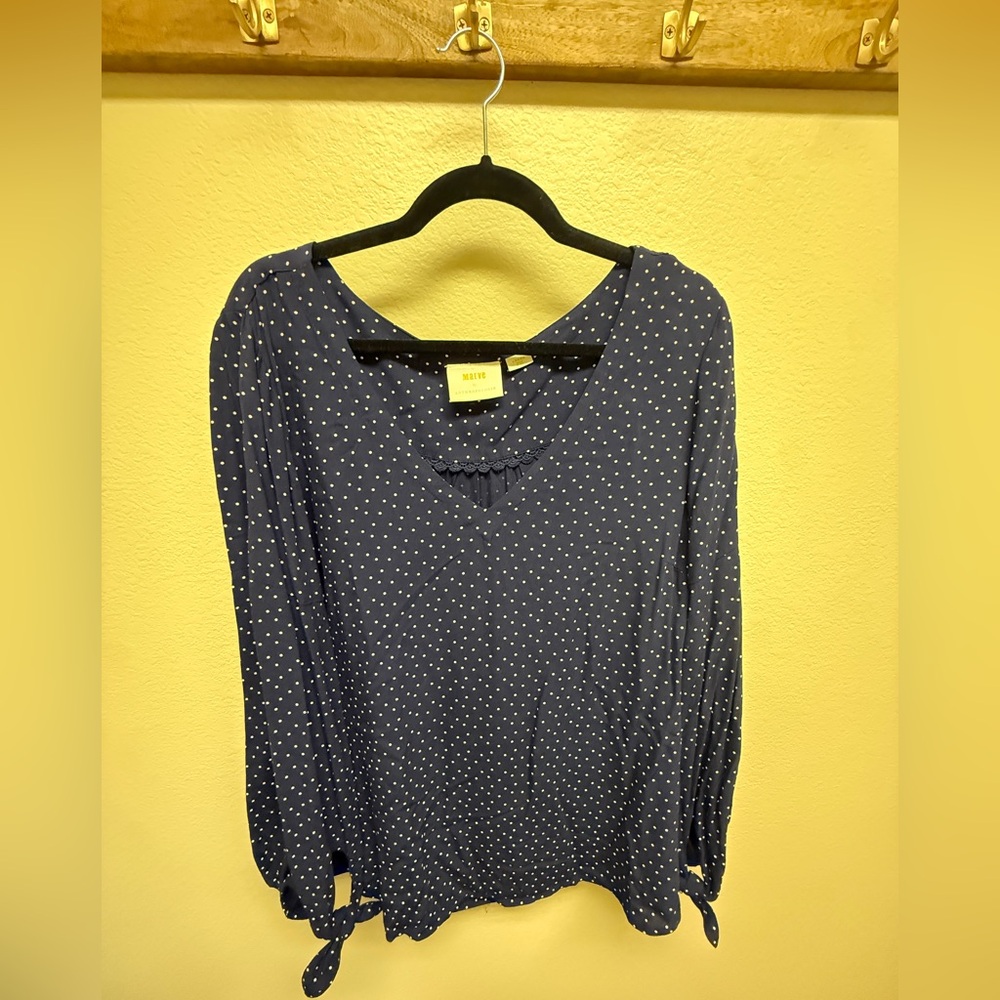 Maeve Navy V-Neck Long Sleeve Polka Dot Blouse
